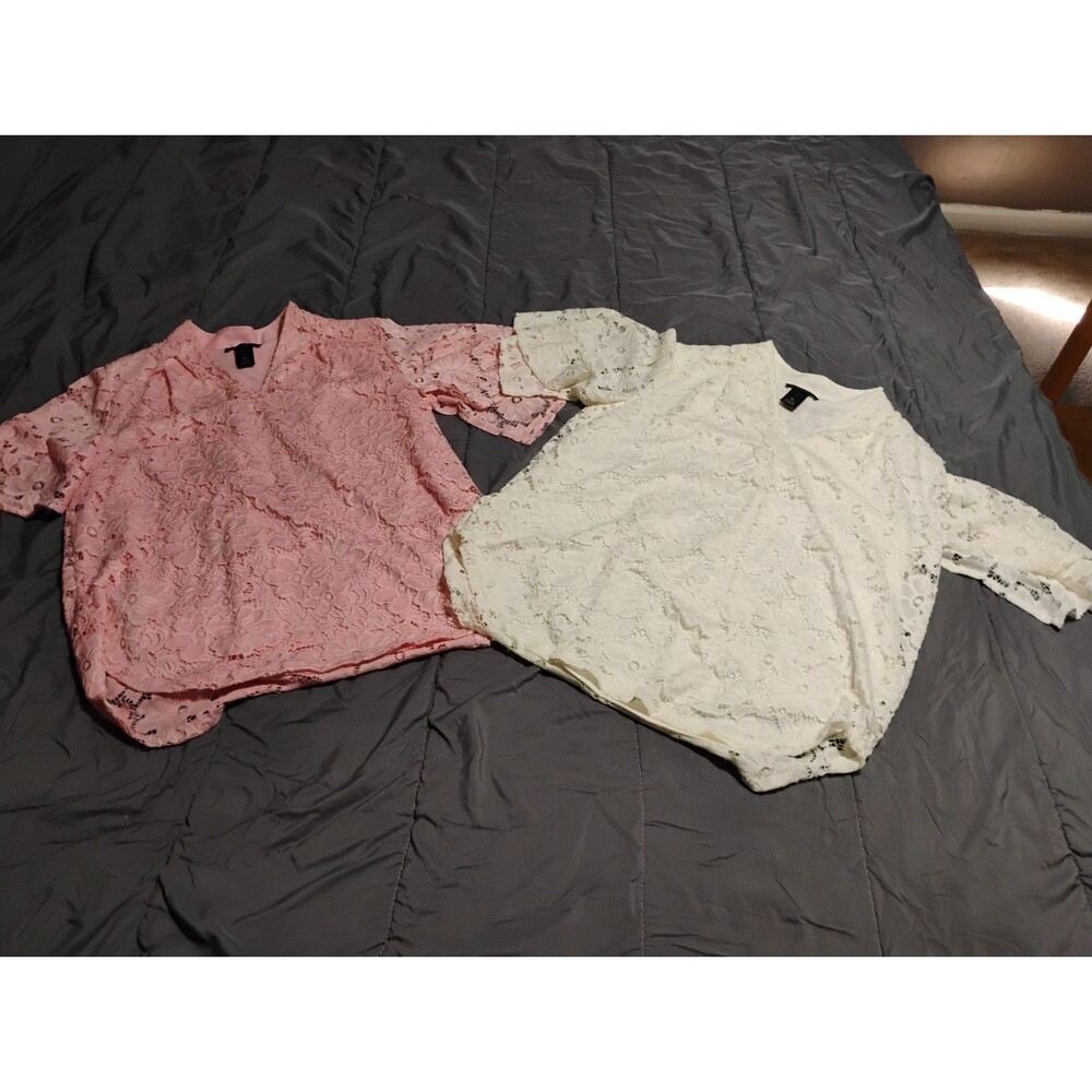 Investments Petites White Lace, Pink Lace V Neck Tunic Top PL Butterfly Sleeve